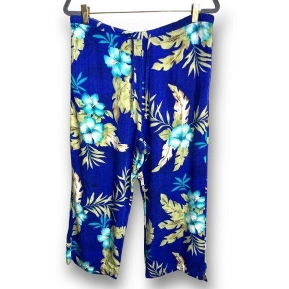 Vintage White Stag Size L Blue Tropical Hawaiian Floral Cropped Wide Leg Pants - Picture 1 of 12